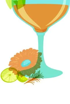 Risograph Style Vector Illustration of a Tropical Cocktail with Lime and Flow 스톡 일러스트