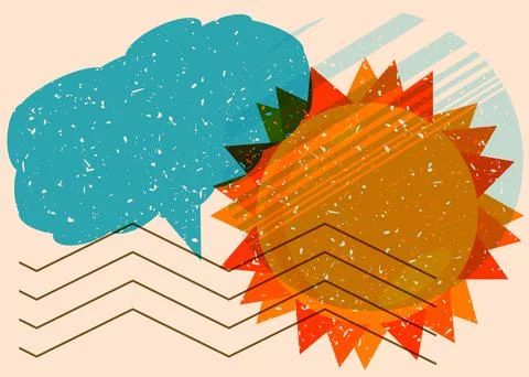 Risograph Summer Sun with speech bubble with geometric shapes. Objects in t.. Illustrazione stock