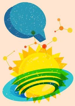 Risograph Summer Sun with speech bubble with geometric shapes. Objects in t.. Stock Illustration