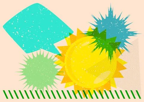 Risograph Summer Sun with speech bubble with geometric shapes. Objects in t.. Stock Illustration