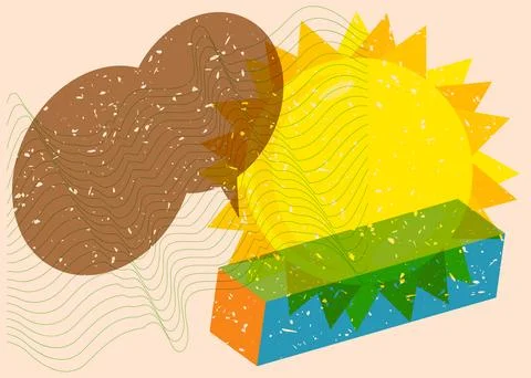 Risograph Summer Sun with speech bubble with geometric shapes. Objects in t.. Illustrazione stock