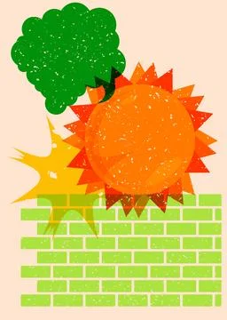 Risograph Summer Sun with speech bubble with geometric shapes. Objects in t.. Stock Illustration