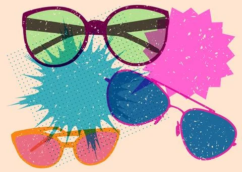 Risograph Sunglasses with speech bubble with geometric shapes. Objects in t.. Stock Illustration