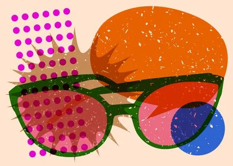 Risograph Sunglasses with speech bubble with geometric shapes. Objects in t.. Stock Illustration