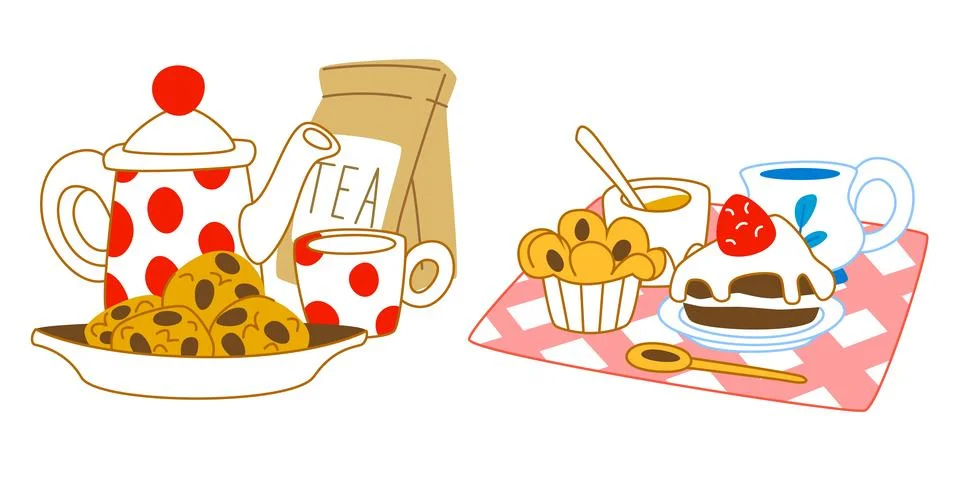 Risograph tea time setup illustration Stock Illustration