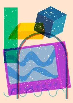 Risograph Television with geometric shapes. Objects in trendy riso graph pr.. 스톡 일러스트