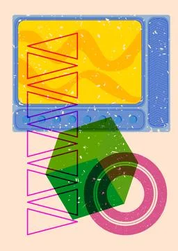 Risograph Television with geometric shapes. Objects in trendy riso graph pr.. Stock Illustration