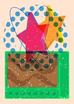 Risograph Television with geometric shapes. Objects in trendy riso graph pr.. Illustrazione stock