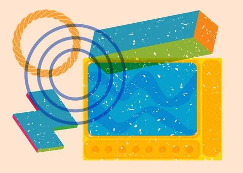 Risograph Television with geometric shapes. Objects in trendy riso graph pr.. Stock Illustration