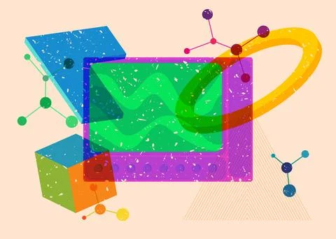 Risograph Television with geometric shapes. Objects in trendy riso graph pr.. 스톡 일러스트