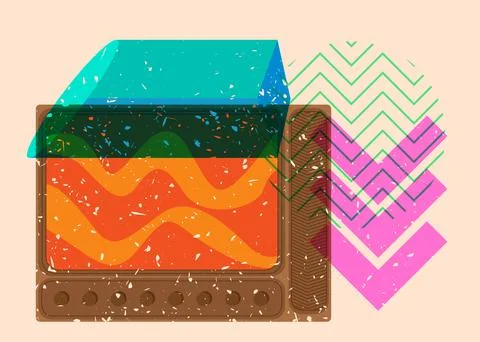 Risograph Television with geometric shapes. Objects in trendy riso graph pr.. Illustrazione stock