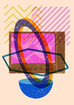 Risograph Television with geometric shapes. Objects in trendy riso graph pr.. Illustrazione stock