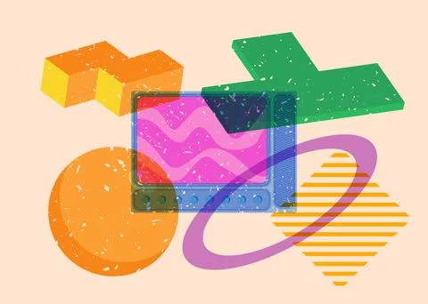Risograph Television with geometric shapes. Objects in trendy riso graph pr.. 스톡 일러스트