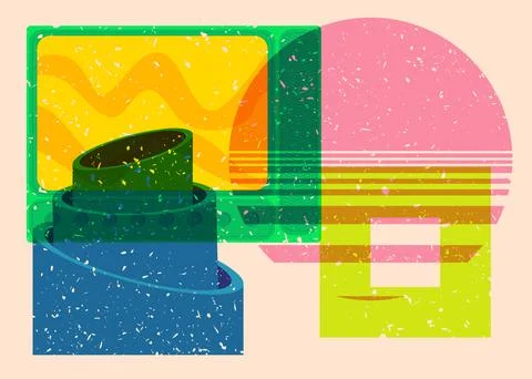Risograph Television with geometric shapes. Objects in trendy riso graph pr.. Illustrazione stock