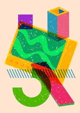 Risograph Television with geometric shapes. Objects in trendy riso graph pr.. Stock Illustration