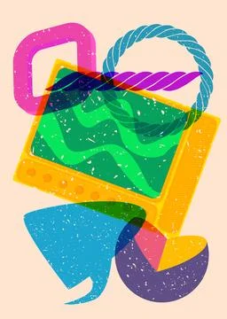 Risograph Television with speech bubble with geometric shapes. Objects in t.. Illustrazione stock
