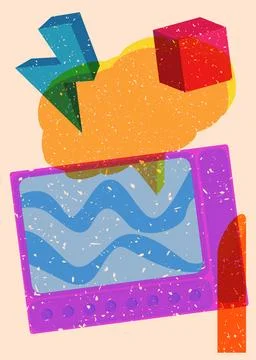 Risograph Television with speech bubble with geometric shapes. Objects in t.. Stock Illustration