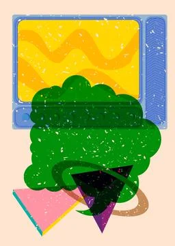 Risograph Television with speech bubble with geometric shapes. Objects in t.. Stock Illustration