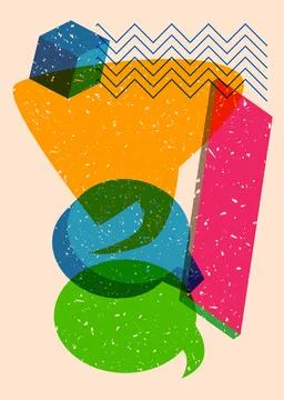 Risograph three speech bubble with geometric shapes. Objects in trendy riso.. Stock Illustration