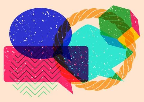 Risograph three speech bubble with geometric shapes. Objects in trendy riso.. Stock Illustration
