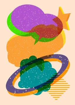 Risograph three speech bubble with geometric shapes. Objects in trendy riso.. Stock Illustration