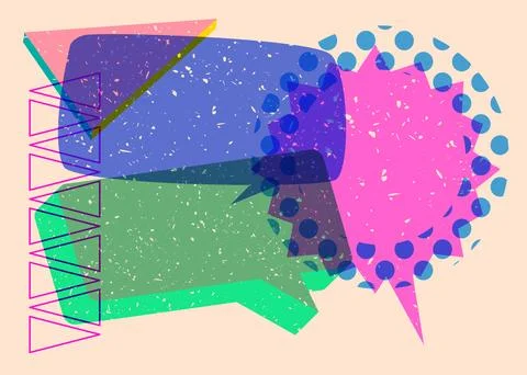 Risograph three speech bubble with geometric shapes. Objects in trendy riso.. Stock Illustration