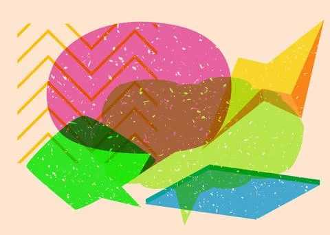 Risograph three speech bubble with geometric shapes. Objects in trendy riso.. Stock Illustration