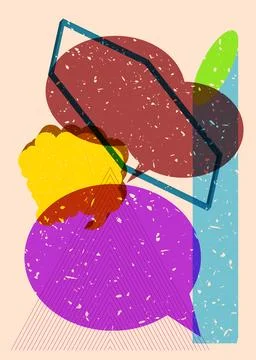 Risograph three speech bubble with geometric shapes. Objects in trendy riso.. Stock Illustration