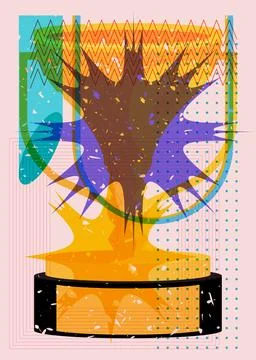 Risograph Trophy Cup with geometric shapes. Objects in trendy riso graph pr.. Stock Illustration