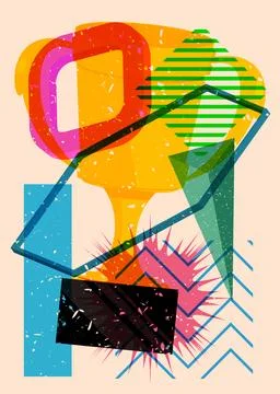 Risograph Trophy Cup with geometric shapes. Objects in trendy riso graph pr.. Stock Illustration
