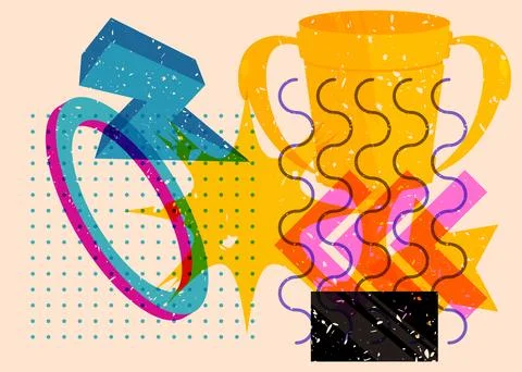 Risograph Trophy Cup with geometric shapes. Objects in trendy riso graph pr.. Stock Illustration