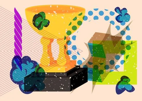 Risograph Trophy Cup with geometric shapes. Objects in trendy riso graph pr.. Stock Illustration