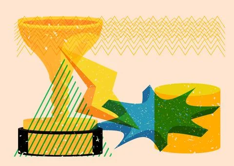 Risograph Trophy Cup with geometric shapes. Objects in trendy riso graph pr.. Stock Illustration