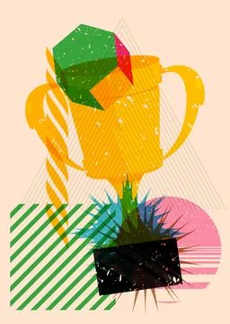 Risograph Trophy Cup with geometric shapes. Objects in trendy riso graph pr.. Stock Illustration
