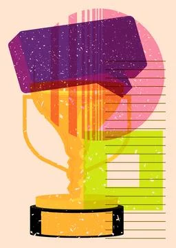 Risograph Trophy Cup with speech bubble with geometric shapes. Objects in t.. Stock Illustration