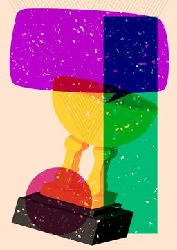 Risograph Trophy Cup with speech bubble with geometric shapes. Objects in t.. Stock Illustration