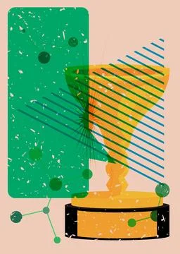 Risograph Trophy Cup with speech bubble with geometric shapes. Objects in t.. イラスト素材