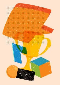 Risograph Trophy Cup with speech bubble with geometric shapes. Objects in t.. 스톡 일러스트
