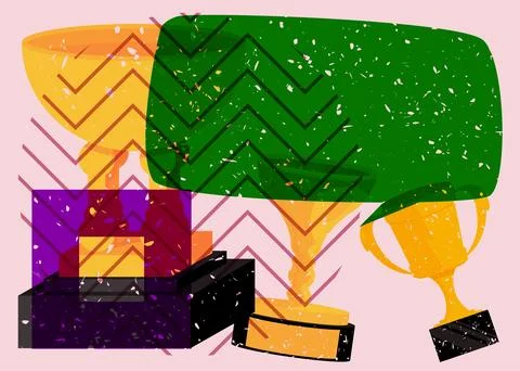 Risograph Trophy Cup with speech bubble with geometric shapes. Objects in t.. 스톡 일러스트