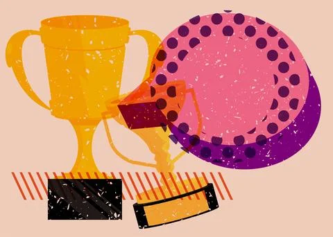 Risograph Trophy Cup with speech bubble with geometric shapes. Objects in t.. 스톡 일러스트