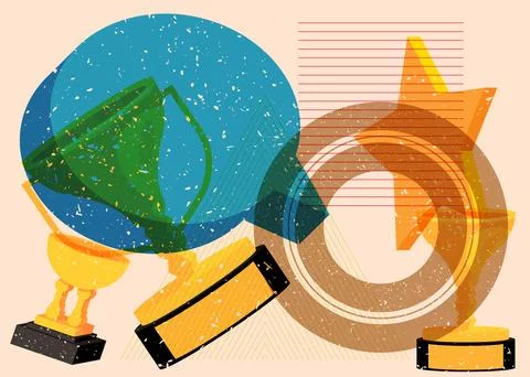 Risograph Trophy Cup with speech bubble with geometric shapes. Objects in t.. 库存插图