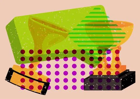 Risograph Trophy Cup with speech bubble with geometric shapes. Objects in t.. イラスト素材