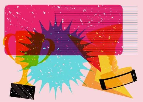 Risograph Trophy Cup with speech bubble with geometric shapes. Objects in t.. 스톡 일러스트