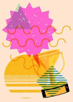 Risograph Trophy Cup with speech bubble with geometric shapes. Objects in t.. 스톡 일러스트