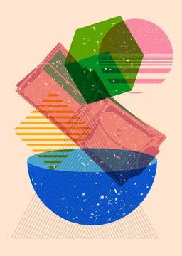 Risograph Wallet with geometric shapes. Objects in trendy riso graph print .. Stock Illustration