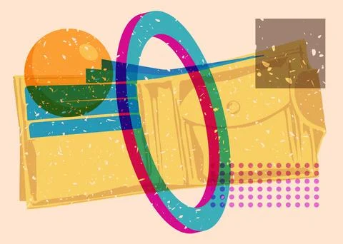 Risograph Wallet with geometric shapes. Objects in trendy riso graph print .. Stock Illustration