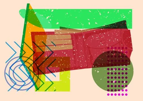Risograph Wallet with geometric shapes. Objects in trendy riso graph print .. イラスト素材