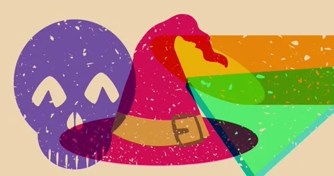 Risograph Witch Hat and skull with geometric elements animation Video stock 288405666