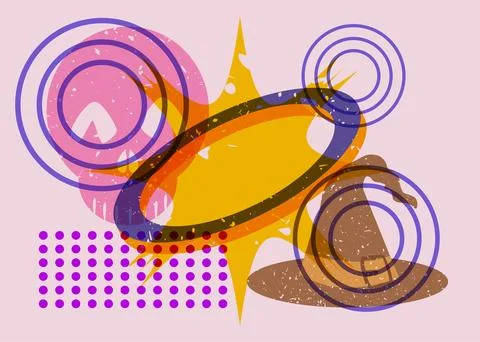 Risograph Witch Hat and skull with geometric shapes. Objects in trendy riso.. Illustrazione stock