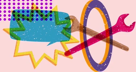 Risograph Wrench and speech bubble with geometric elements video Stock Footage 303086901